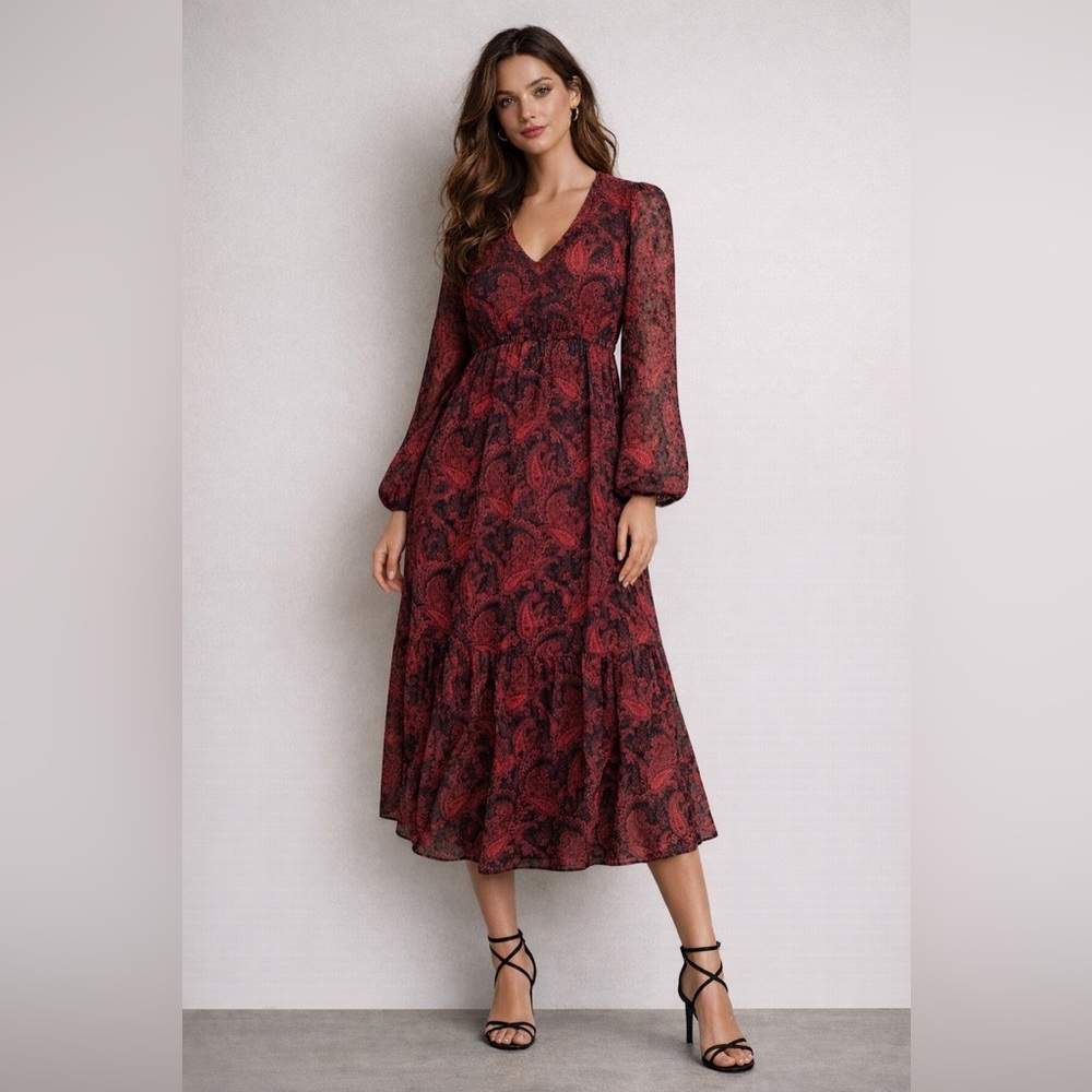 Torrid Red and Black Long Sleeve Paisley Dress